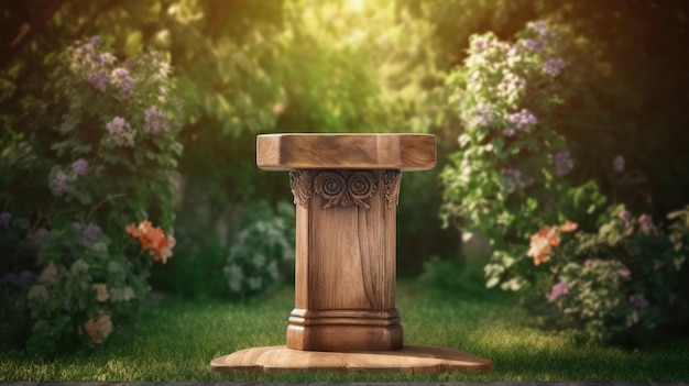 Ein Podium in einem Garten mit Blumen im Hintergrund