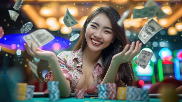 Ein Poker-Gewinner, eine begeisterte asiatische Frau, die in einem Casino mit Geld umherwirbelt