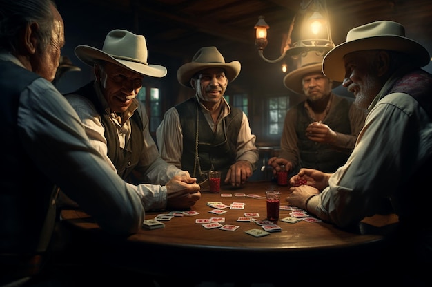 Foto ein pokerspiel mit hohen einsätzen in einem schwach beleuchteten saloon mit 00166 00