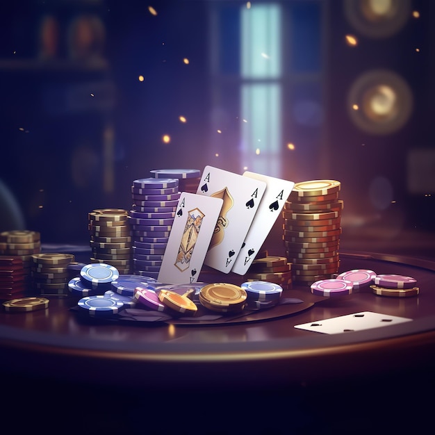 Foto ein pokertisch mit stapeln pokerchips und einer pokerkarte darauf.