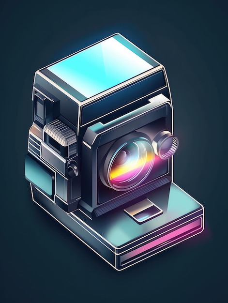 Ein Polaroidkamera-Symbol mit isometrischer Ansicht aus durchscheinendem Glas. Generative KI