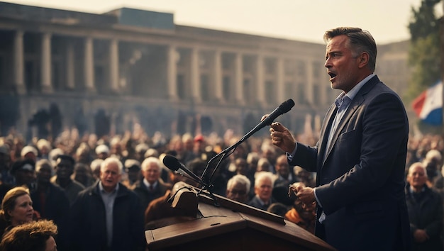 Ein Politiker hält eine Rede im Freien vor einer Menge von Mitgliedern einer politischen Partei