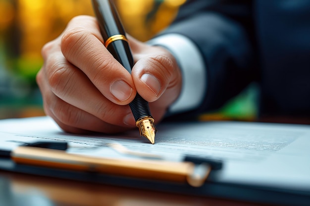 Ein Politiker unterschreibt ein Vertragsvertrag mit einem Stift in der Hand am Tisch im Büro.