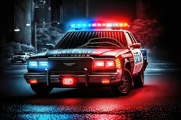 Ein Polizeiauto mit Blaulicht, das nachts durch die Straßen von New York City rast und ein Gefühl von Dringlichkeit und Aktion erzeugt. Generative of AI