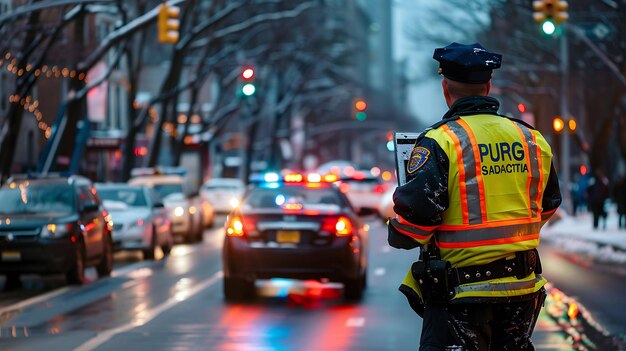 Ein Polizist steht mit dem Rücken zur Kamera in der Mitte einer belebten Straße