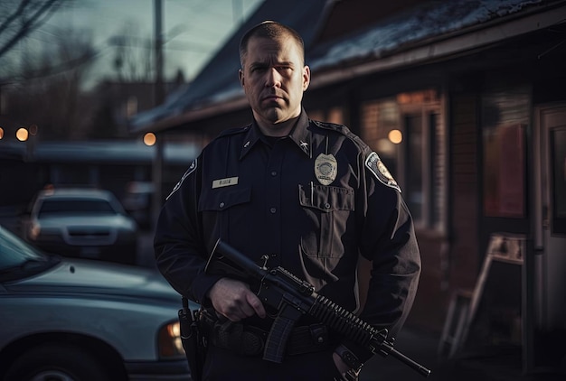 Foto ein polizist steht mit seiner waffe am gürtel im tilt-shift-stil