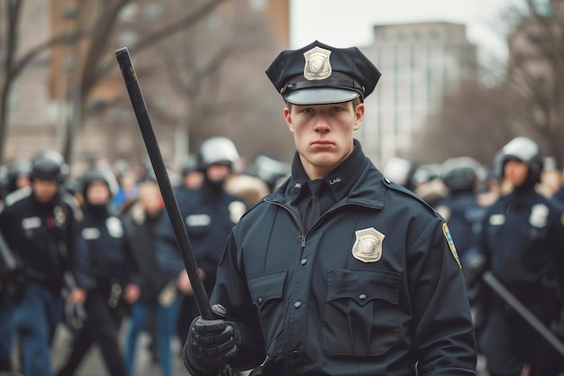 Foto ein polizist steht während eines protests mit einem schlagstock in alarmbereitschaft