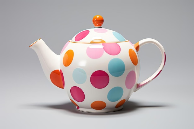 ein Polka-Punkt-Teepott wird auf weißem Hintergrund im Stil der kräftigen Farbigkeit gezeigt