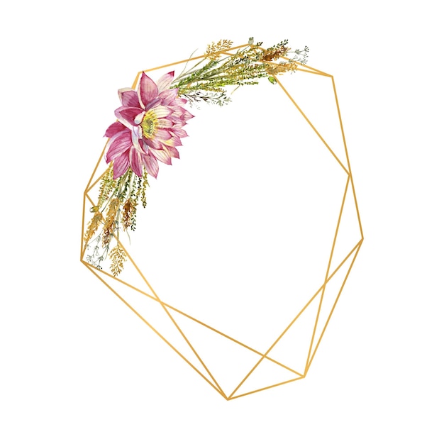 Ein polygonaler Rahmen mit Blumen von Seerosen und wilden Waldgräsern, Aquarellillustration auf einem