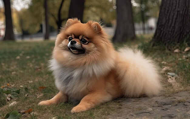 Foto ein pomeranian-hund sitzt im park auf dem gras.