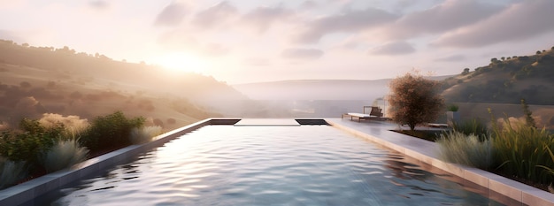 Ein Pool auf der Terrasse mit Blick auf die Hügel einer teuren Villa oder eines reichen neuronalen Resorts