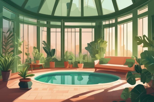 Ein Pool im Zimmer bei Sonnenaufgang im Flat-Art-Stil