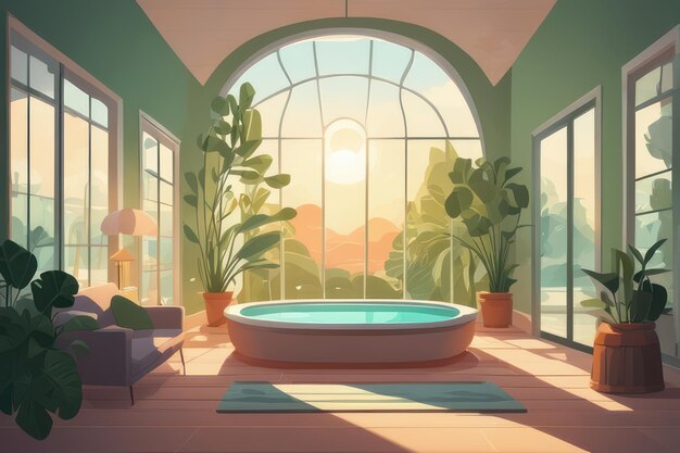 Ein Pool im Zimmer bei Sonnenaufgang im Flat-Art-Stil