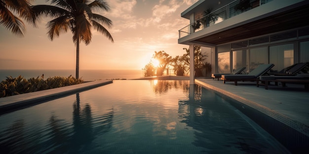 Ein Pool mit Blick auf das Meer bei Sonnenuntergang