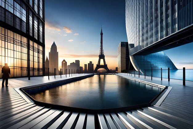 Ein Pool mit Blick auf Paris im Hintergrund