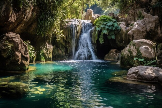 Ein Pool mit einem natürlichen Wasserfall