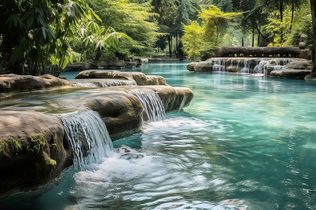 Ein Pool mit einem natürlichen Wasserfall