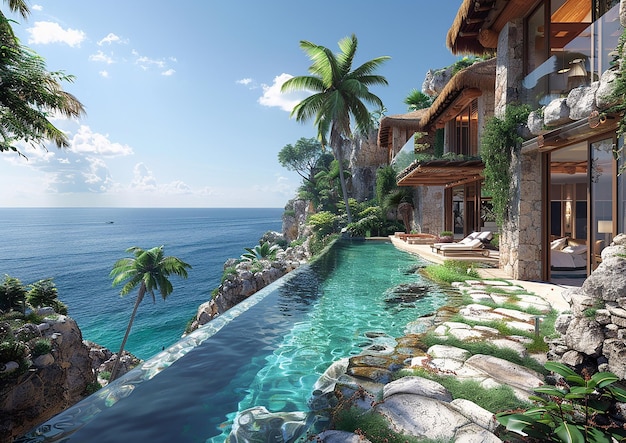 ein Pool mit einem Palmbaum und einem Haus im Hintergrund