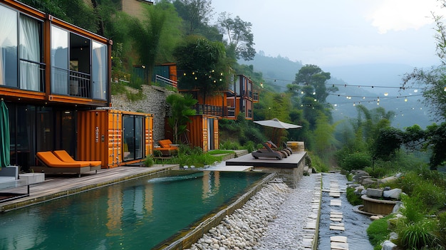 Ein Pool mit einem Sessel und einem Regenschirm neben einem Haus mit einem Pool und einem Innenhof mit einem Wasserfall