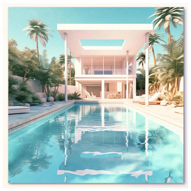 ein Pool mit einer Palme und einem Haus im Hintergrund.
