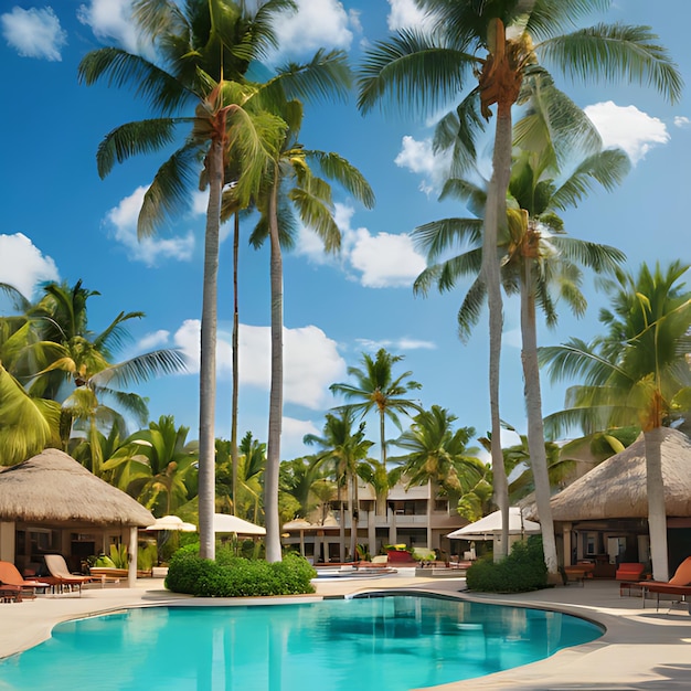 ein Pool mit Palmen und ein blauer Himmel mit Wolken