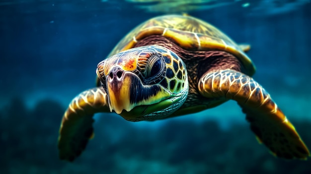 Ein Porträt einer alten Meeresschildkröte, die im Meer schwimmt