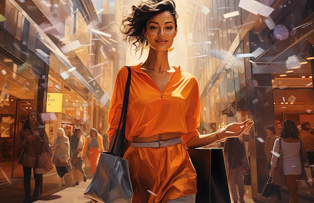 ein Porträt einer Frau, die mit Einkaufstaschen auf einer überfüllten Straße im Stil von hellorange und