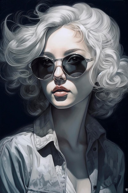 Ein Porträt einer Frau mit blonden Haaren und Sonnenbrille.