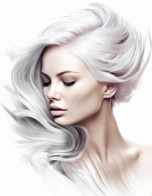 Ein Porträt einer Frau mit weißem Haar und langen Haaren.