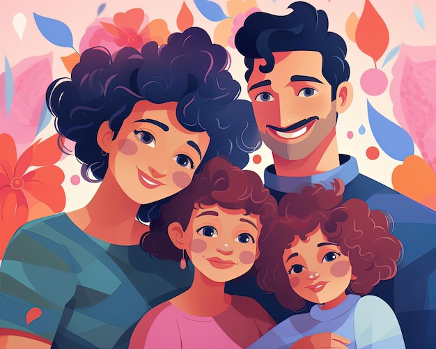 ein Porträt einer glücklichen Familie, die sich im Stil einer vom Grafikdesign inspirierten Illustration umarmt