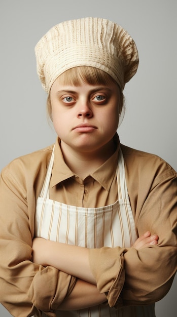 Ein Porträt einer jungen Frau mit Down-Syndrom, die eine Köchin auf weißem Hintergrund ist, generiert ai