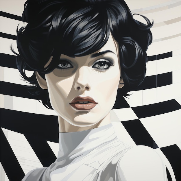 ein Porträt einer jungen Frau mit faszinierenden farbigen Augen, das die künstlerische Verschmelzung von Schwarz-Weiß-Abstraktion, Art-Deco-Futurismus und hyperrealistischen Öltechniken zeigt. das kühne und grafische l