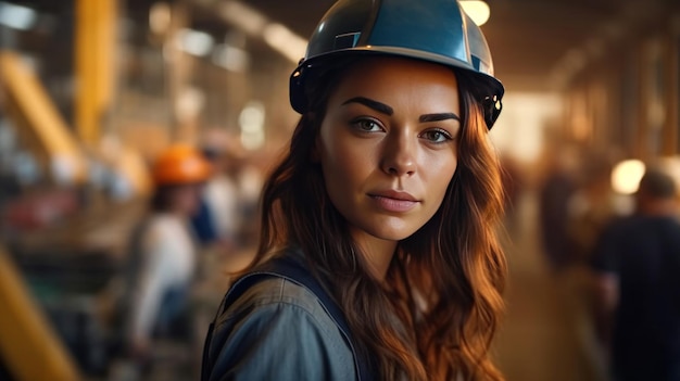 Ein Porträt einer jungen schönen Ingenieurin, die im Fabrikgebäude arbeitet