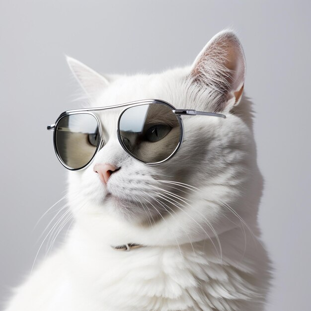 Ein Porträt einer Katze mit Sonnenbrille auf weißem Hintergrund in einem Studio