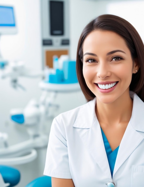 Ein Porträt einer lächelnden Frau in einer Zahnklinik, die selbstbewusst und glücklich aussieht
