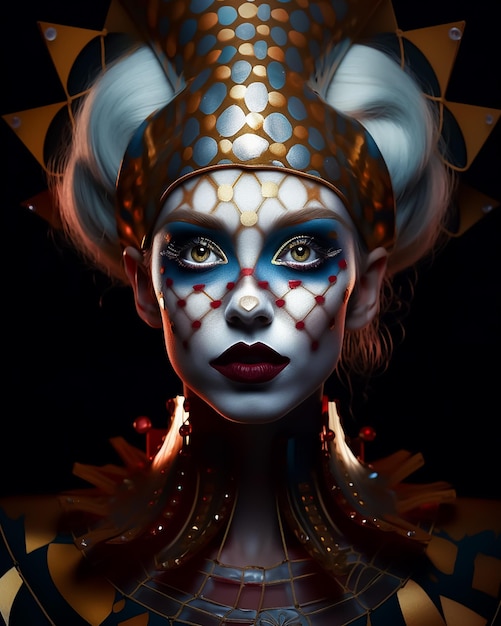 Ein Porträt einer Royal Fantasy Cards Queen mit blauem Make-up und einem rot-goldenen Muster im Gesicht