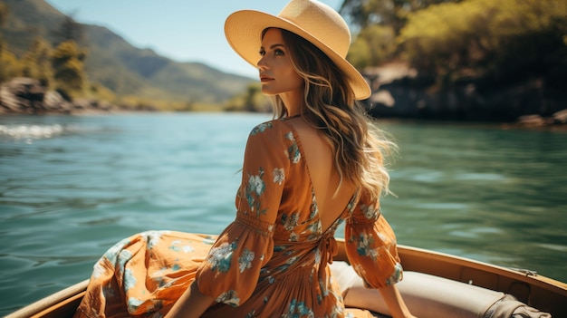 Ein Porträt einer schönen Frau, die auf einem Bootsurlaub sitzt