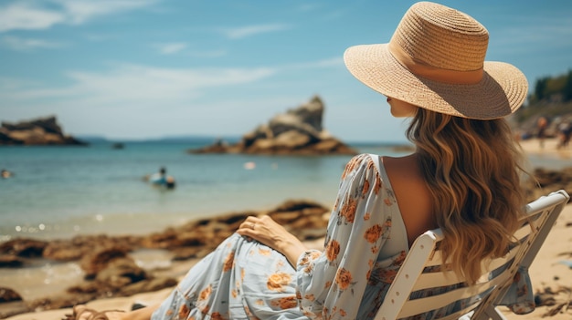 Foto ein porträt einer schönen frau, die auf einem strandstuhl im urlaub sitzt