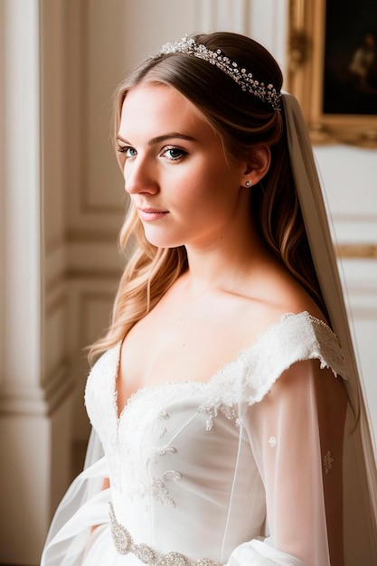 Ein Porträt einer strahlenden 25-jährigen Braut, die in ihrem eleganten Hochzeitskleid vor Freude strahlt