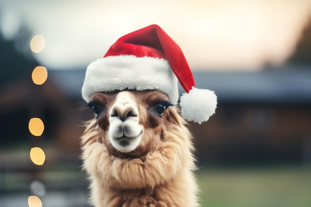 Ein Porträt eines festlichen Lamas, das eine Weihnachtsmütze trägt