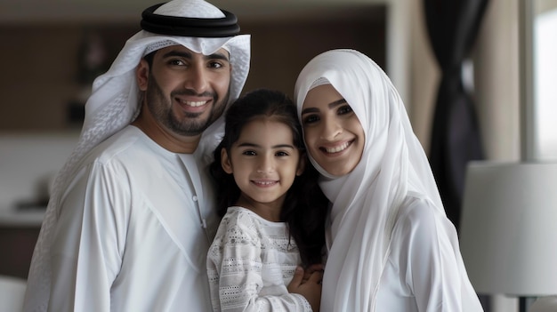 Ein Porträt eines glücklichen arabischen Paares, das zu Hause mit seiner kleinen Tochter posiert