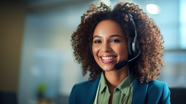 Ein Porträt eines glücklichen Callcenters mit einem Kopfhörer-Lächeln