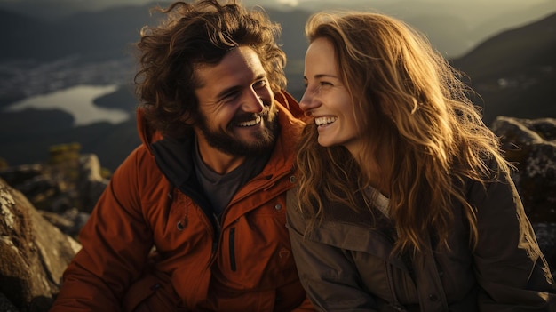 Ein Porträt eines glücklichen Paares, das auf dem Gipfel eines Bergwanderungsurlaubs sitzt