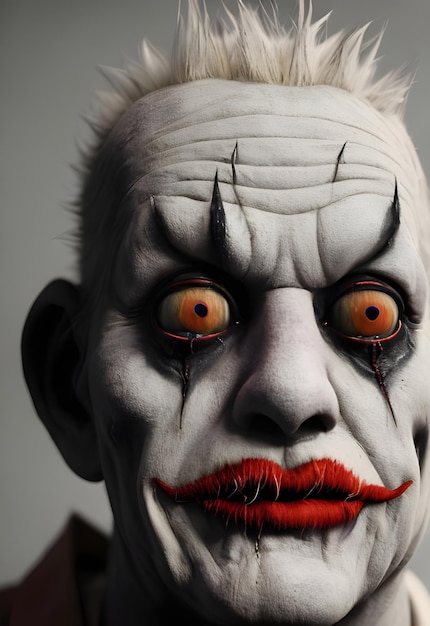 Ein Porträt eines gruseligen Clowns mit roten Augen und roten Augen.