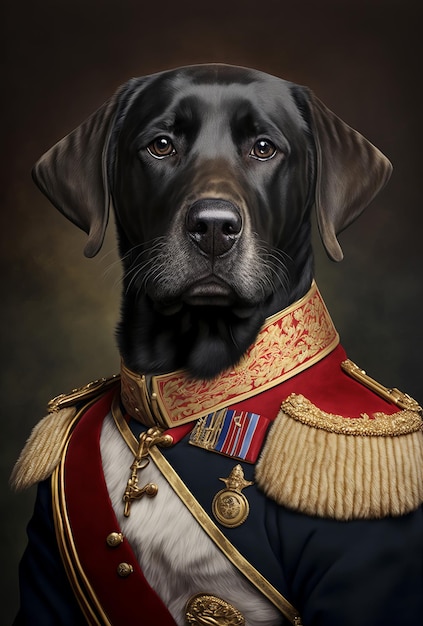 Ein Porträt eines Hundes in historischer Militäruniform Haustierporträt in Kleidung Generative ai