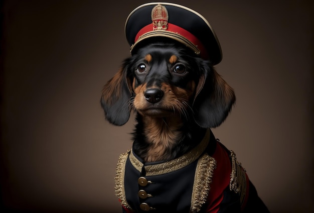 Ein Porträt eines Hundes in historischer Militäruniform Haustierporträt in Kleidung Generative ai