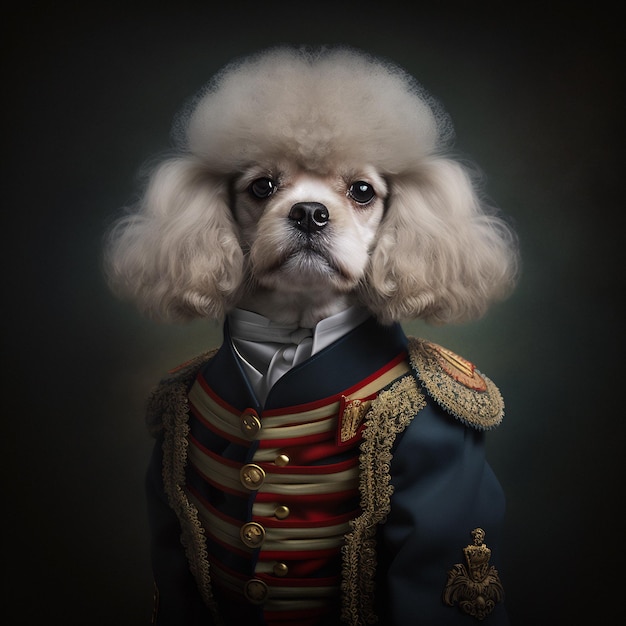 Ein Porträt eines Hundes in historischer Militäruniform. Pudelporträt in Kleidung.