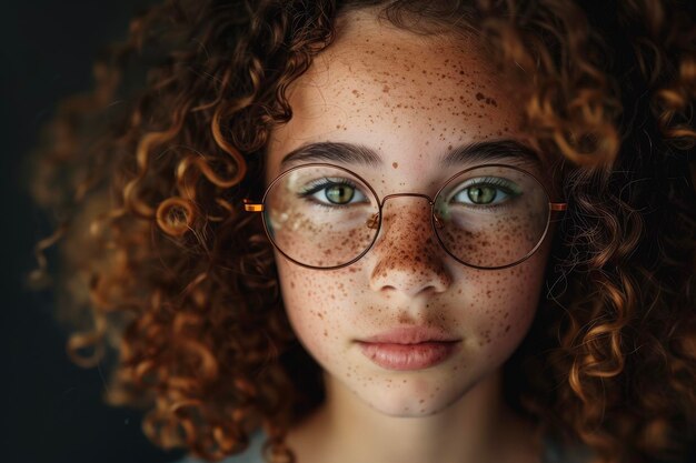 Ein Porträt eines jungen Mädchens mit lockigem Haar, Freckles und Brille
