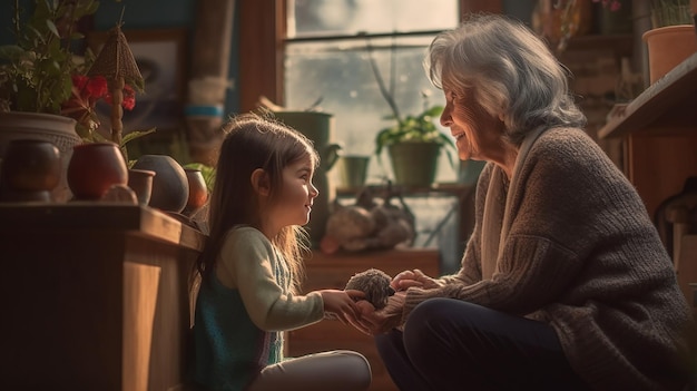 ein Porträt eines kleinen Mädchens mit einer Großmutter, die Spaß hat