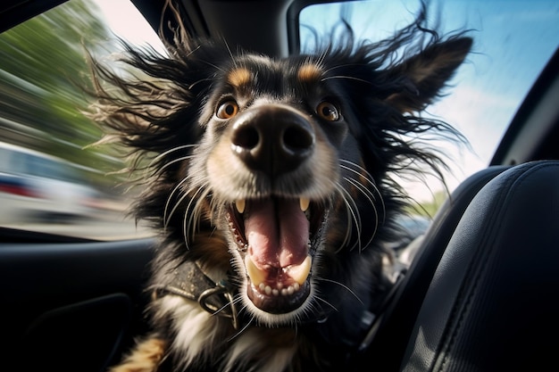 Ein Porträt eines komischen Hundes im Autofenster während einer Autofahrt Generative Ai
